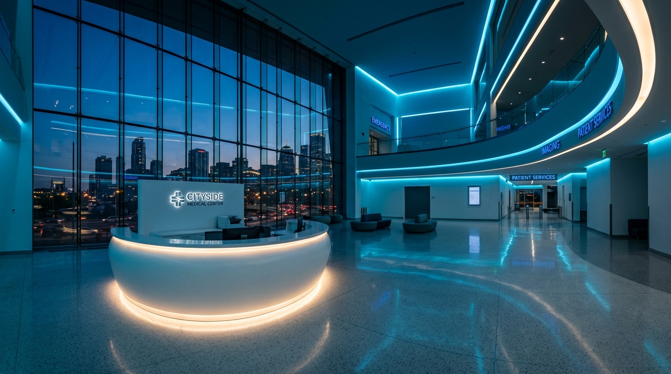 Modern hospital atrium with illuminated reception