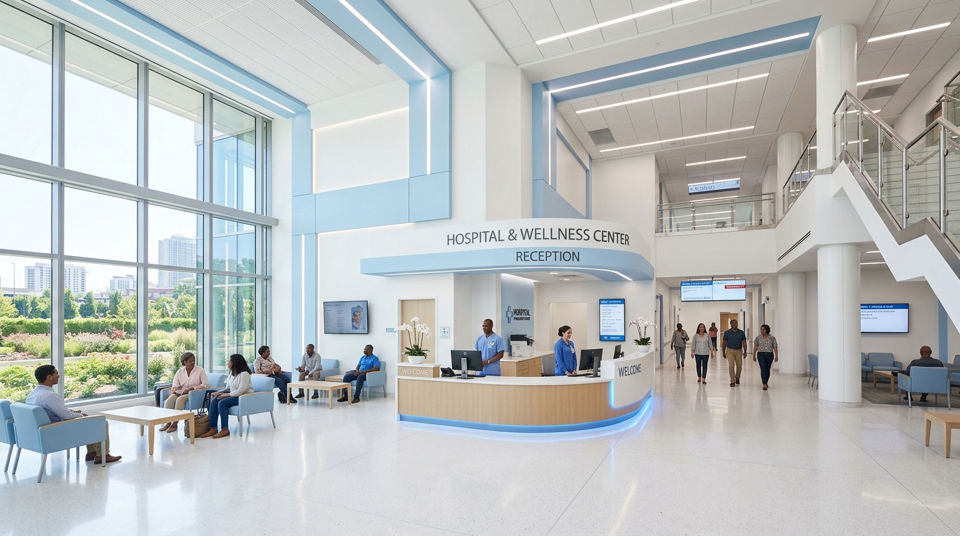 Bright hospital reception with international patients being welcomed by clinical staff