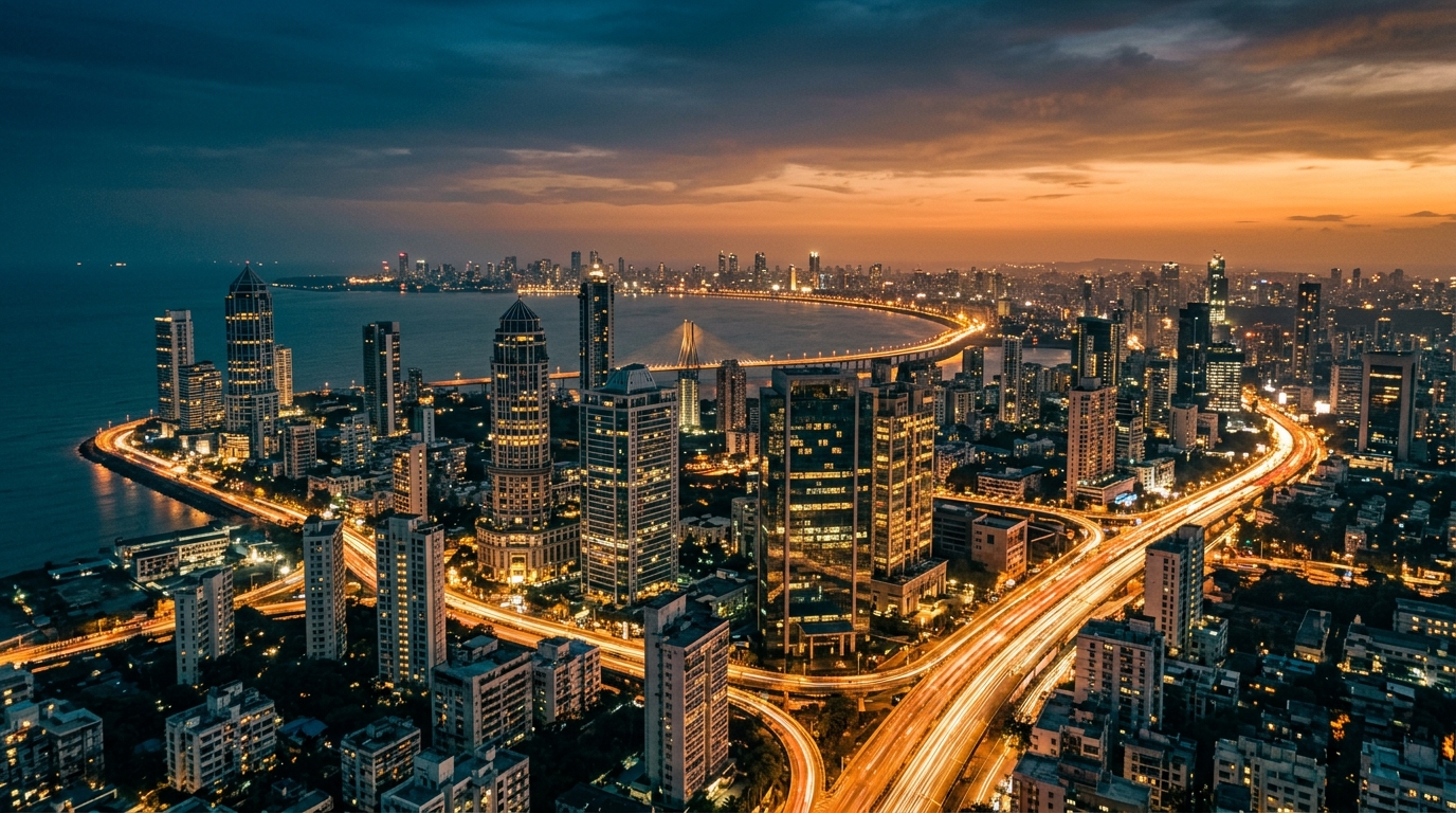 Aerial view of an Indian city skyline at dusk